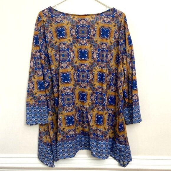 Ruby Rd Woman 2X Pullover Top Shirt Blue & Tan Geometric Beaded Neckline - Picture 2 of 4